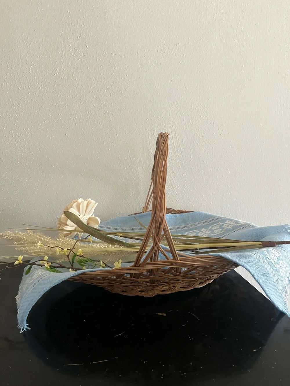 Authentic Vintage Rattan Handled Basket with Blue Lining and Decorative Floral